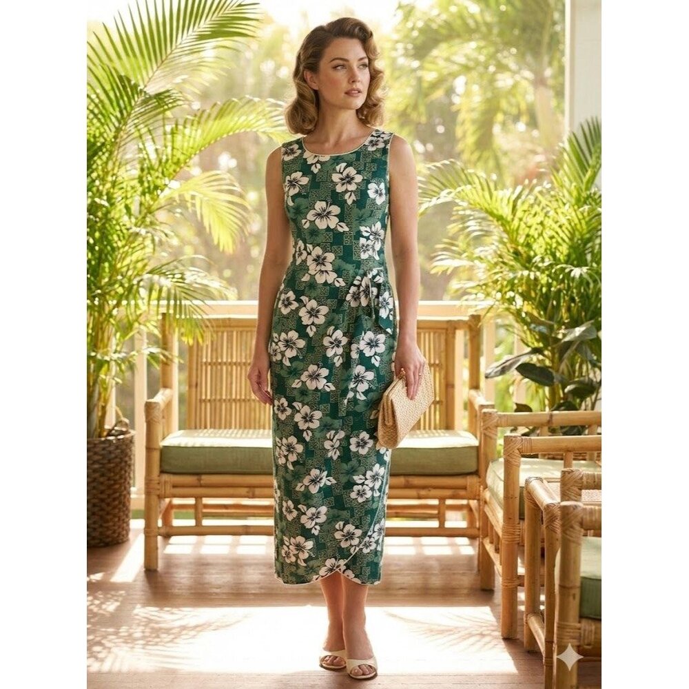 Vintage 60s Chic Mode Tiki Hawaii Sarong Dress Green Floral Cotton Wiggle XS S
